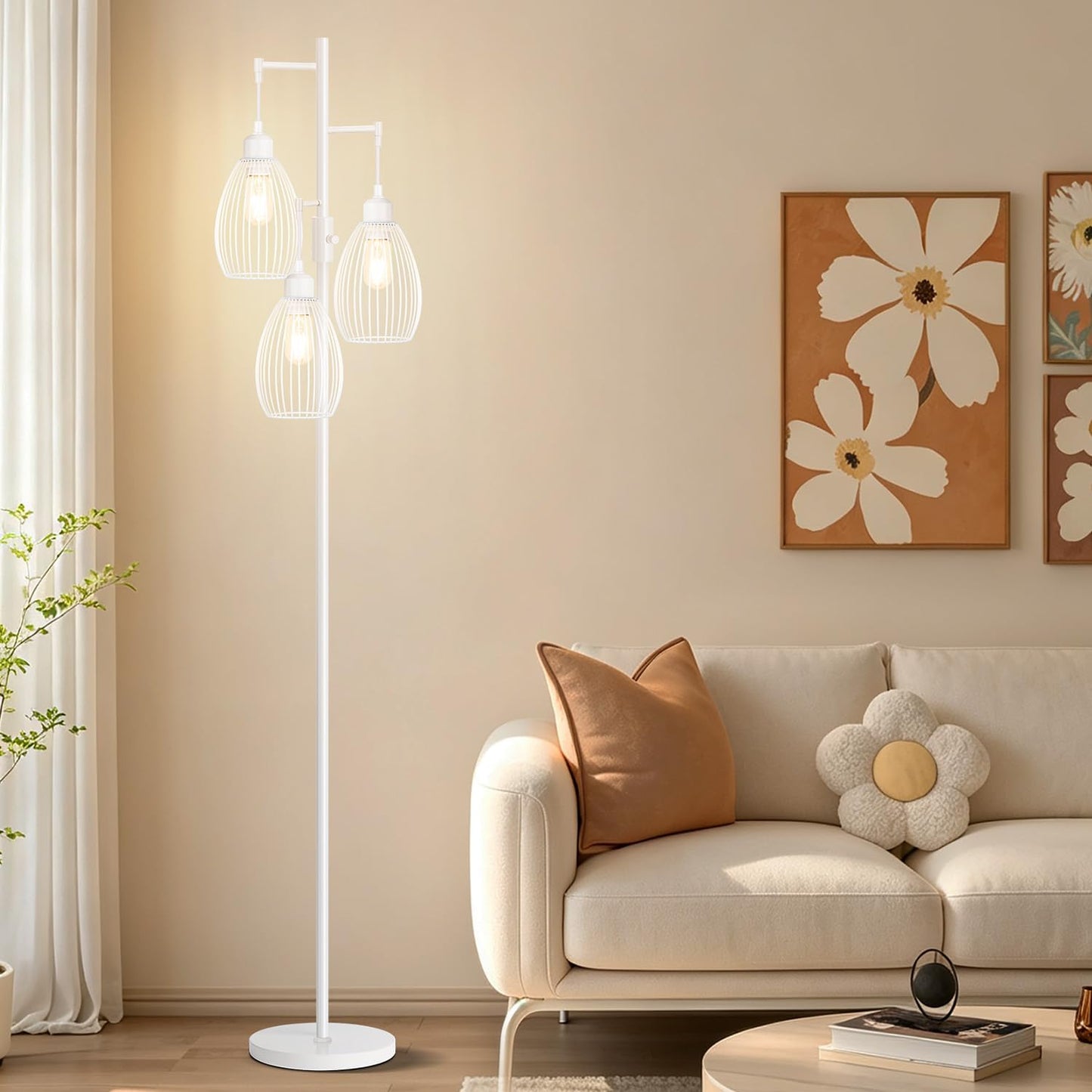 Dimmable Floor Lamp, 3 x 800LM LED Edison Bulbs Included, Farmhouse Industrial Floor Lamp Standing Lamp with Elegant