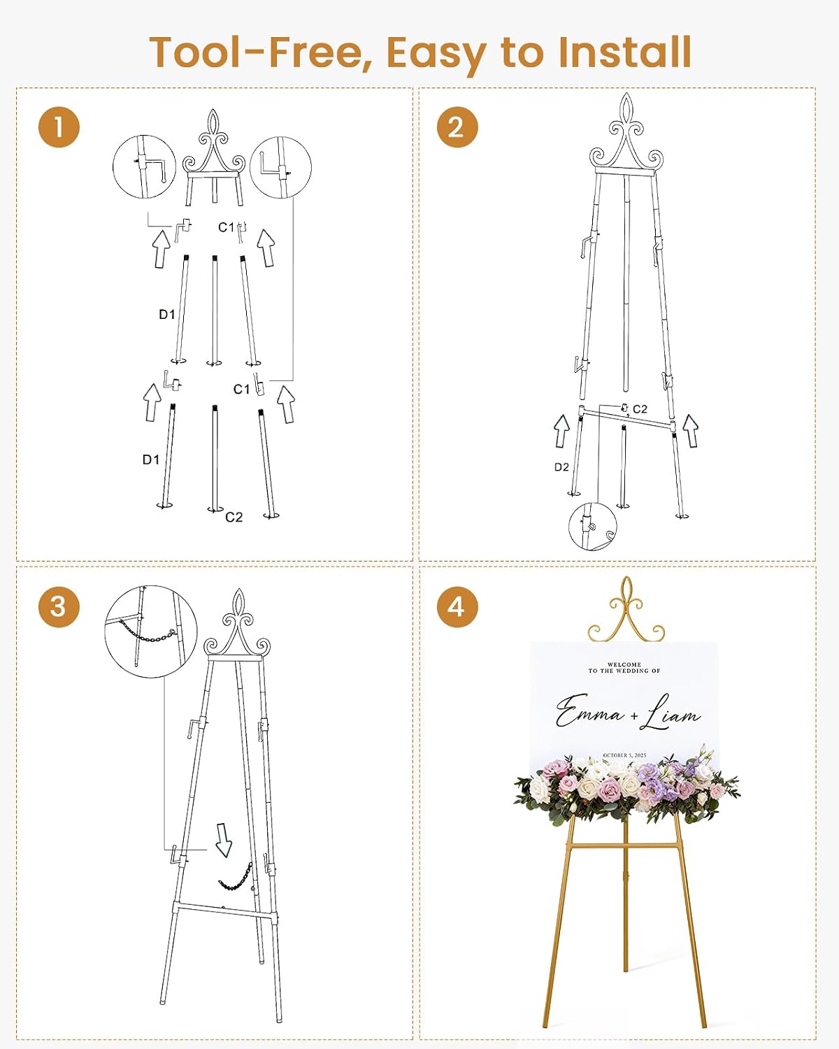 53.9" Gold Easel Stand for Sign, Heavy Duty Metal Display Easel with Storage Bag, Adjustable Art Easel for Wedding