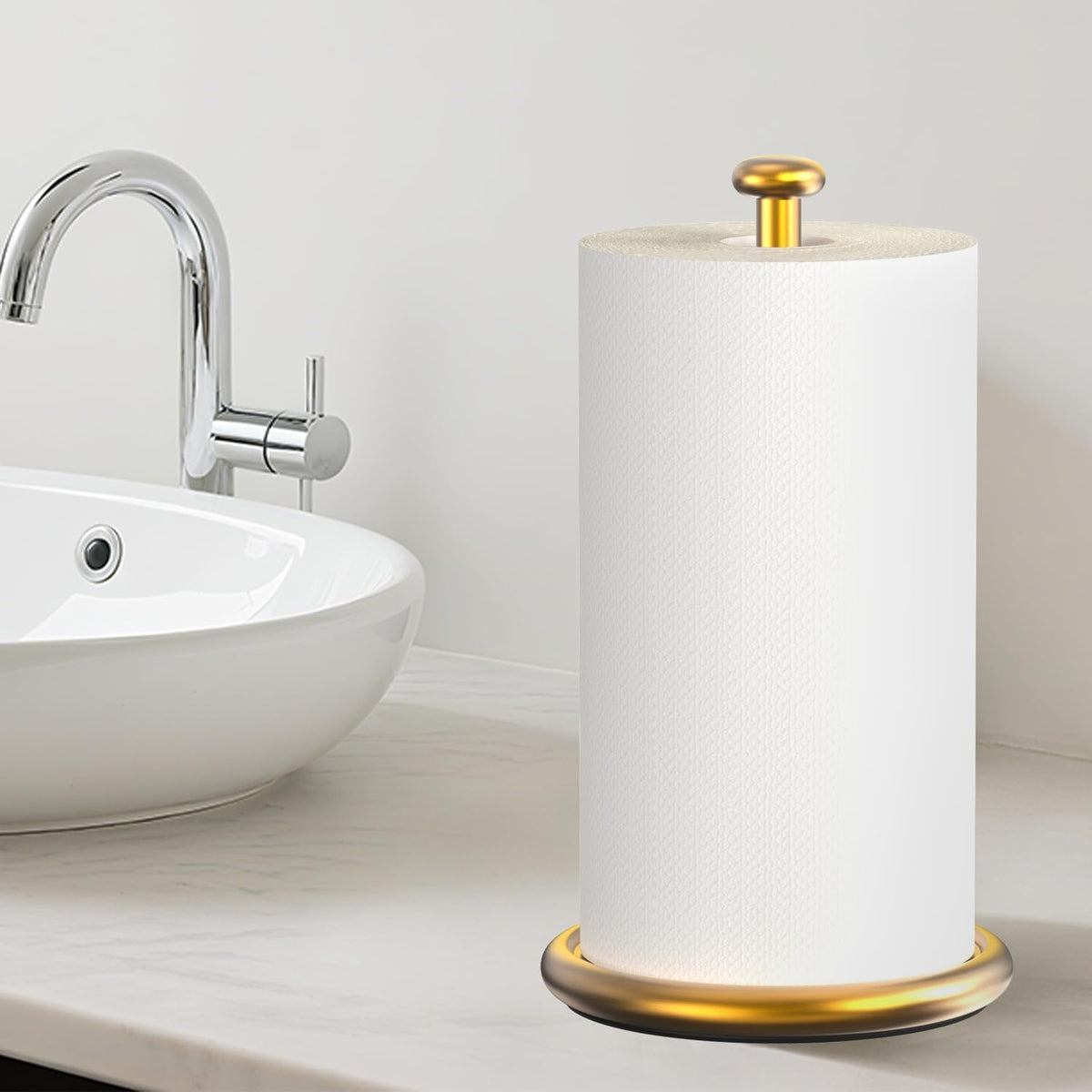 VEHHE Paper Towel Holder Countertop with Weighted Base, One-Hand Tear | Freestanding Design | Brushed Gold Finish