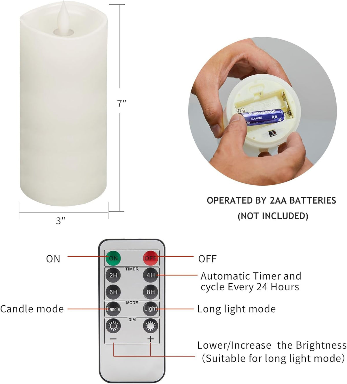 Flameless LED Candles 3"x7" Set of 2, Battery Operated with Remote & Timer, 600-Hour on 2 AA Batteries, Flickering