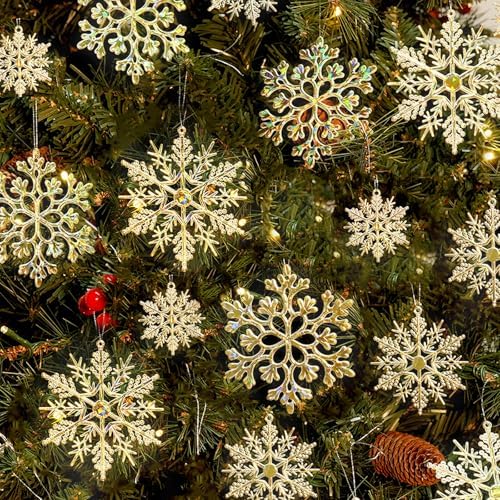 36pcs Gold Shine Christmas Snowflake Ornaments, Plastic Glitter Hanging Snow Flakes for Christmas Tree Decorations Winter Wonderland Frozen Birthday Party Holiday Home Decor