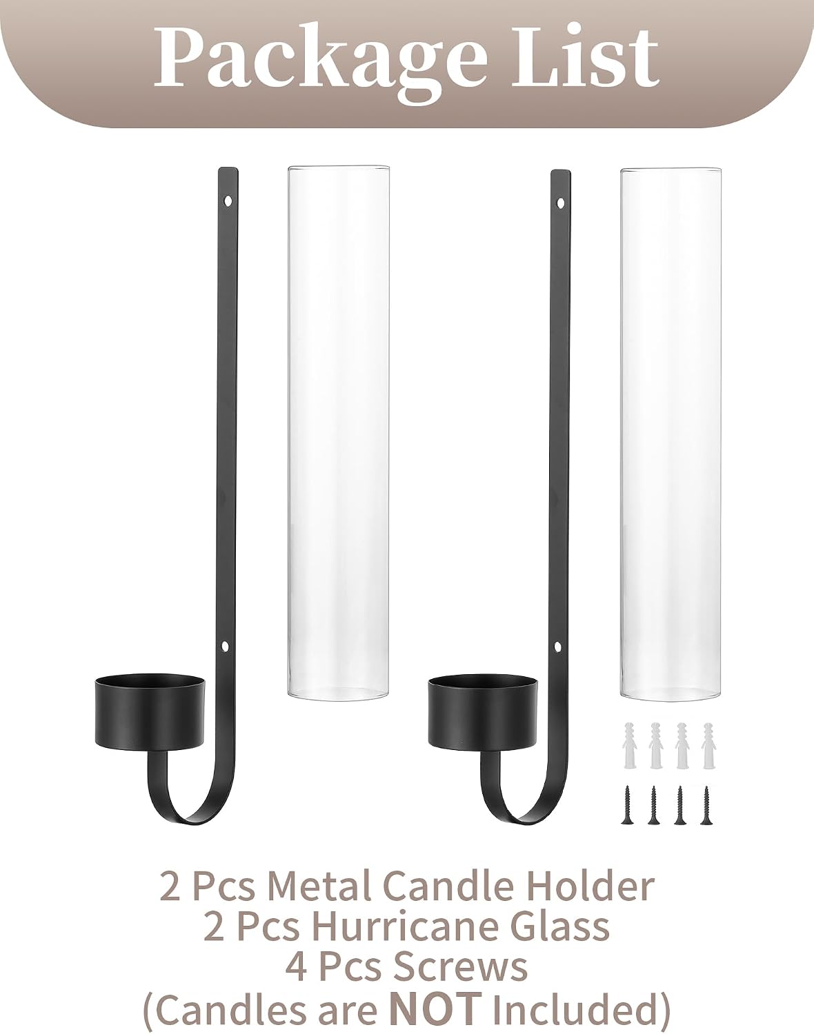 Sziqiqi Black Wall Candle Holders: Metal Candle Sconces for Taper Set of 2 | Set of 2, with Hurricane Glass, Modern