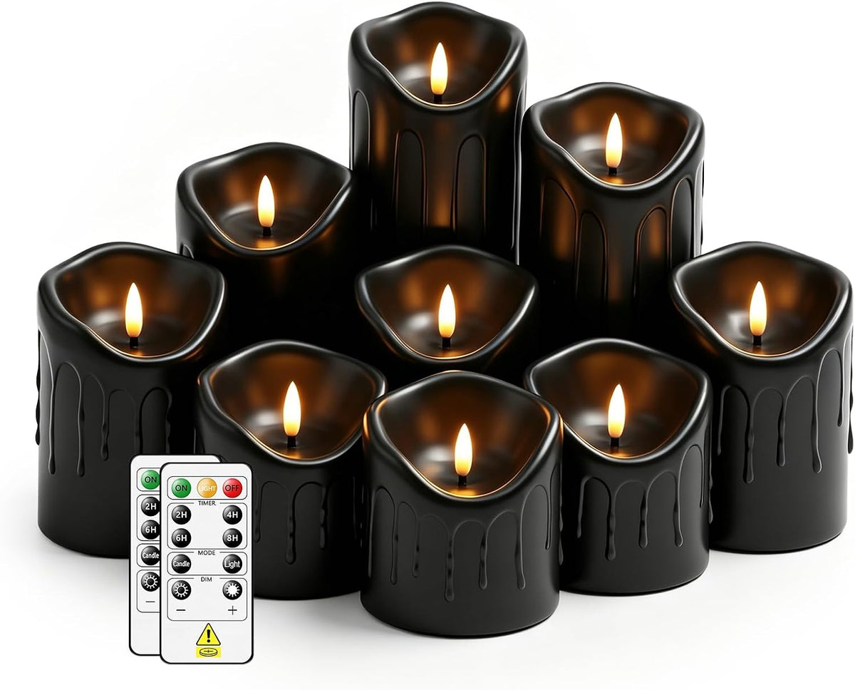 Nimiko Flameless Candles with Remote, Battery Operated Flickering Flameless Candles, LED Candles with Timer 2/4/6/8H, Realistic Drop Wax flameless Candle Set of 9 (D3 x H 3" 4" 5" 6" 7") (Black)