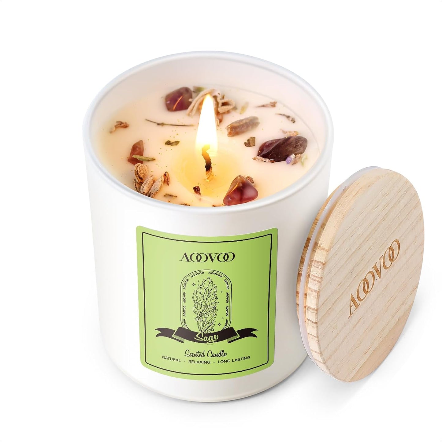 AOOVOO Sage Scented Candles for Women - Aromatherapy Candle with Crystals Inside, 7oz Soy Candles for Home Scented