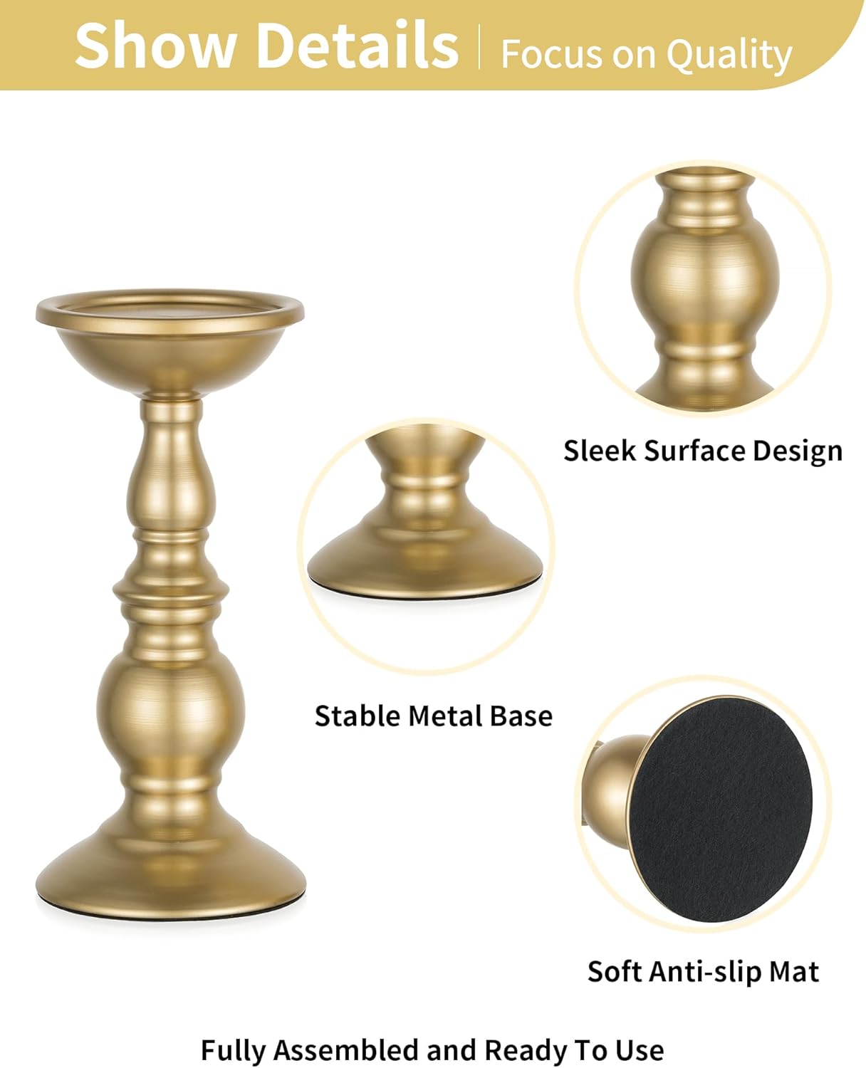 NUPTIO Brass Pillar Candle Holders: Gold Tall Stand for 3" Candles (2 x L) | Metal Candle Centerpieces Decoration for