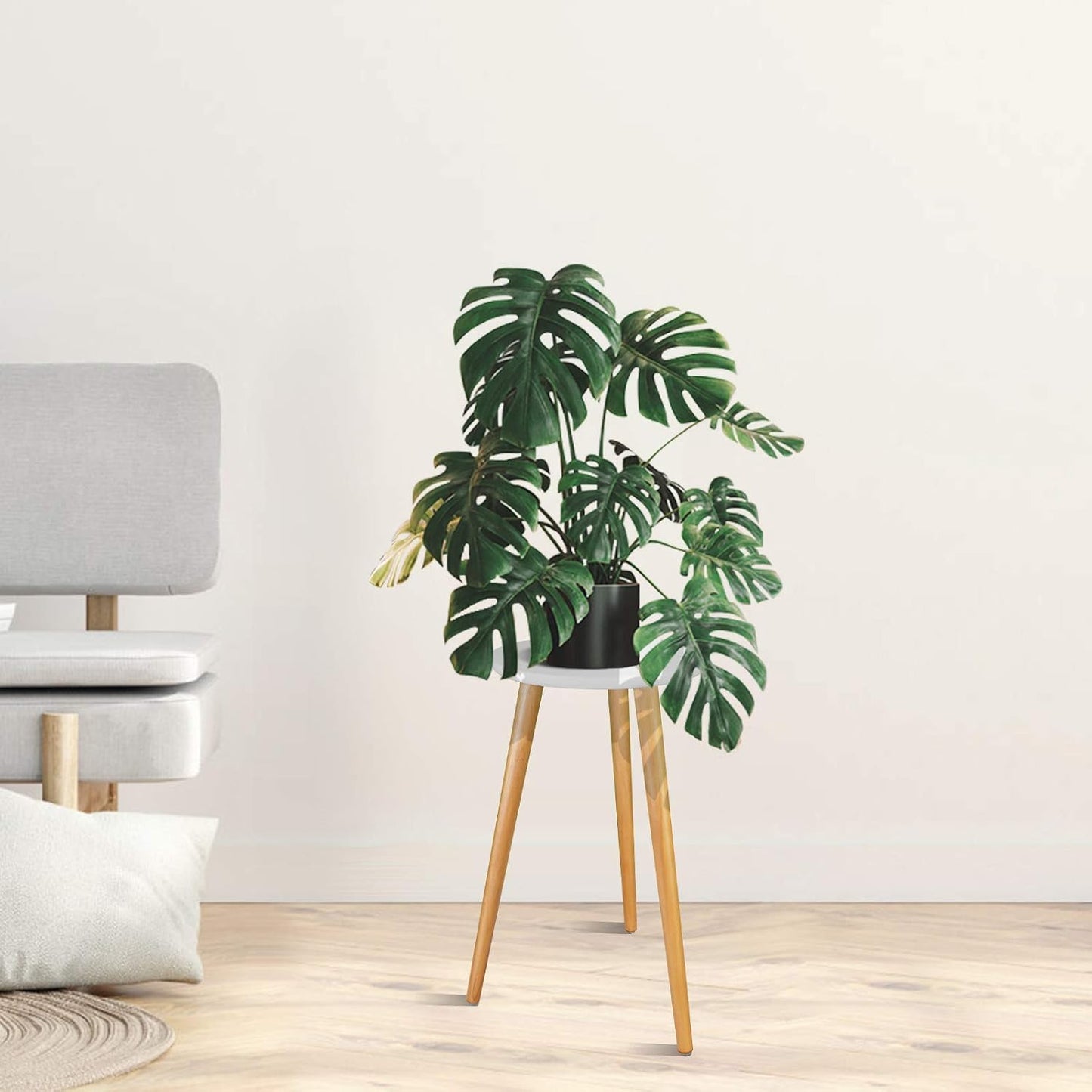 Indoor Plant Stand - Mid Century Wooden Plant Table, Tall Holder for Flower Pots, Small Round End Table (A3-White