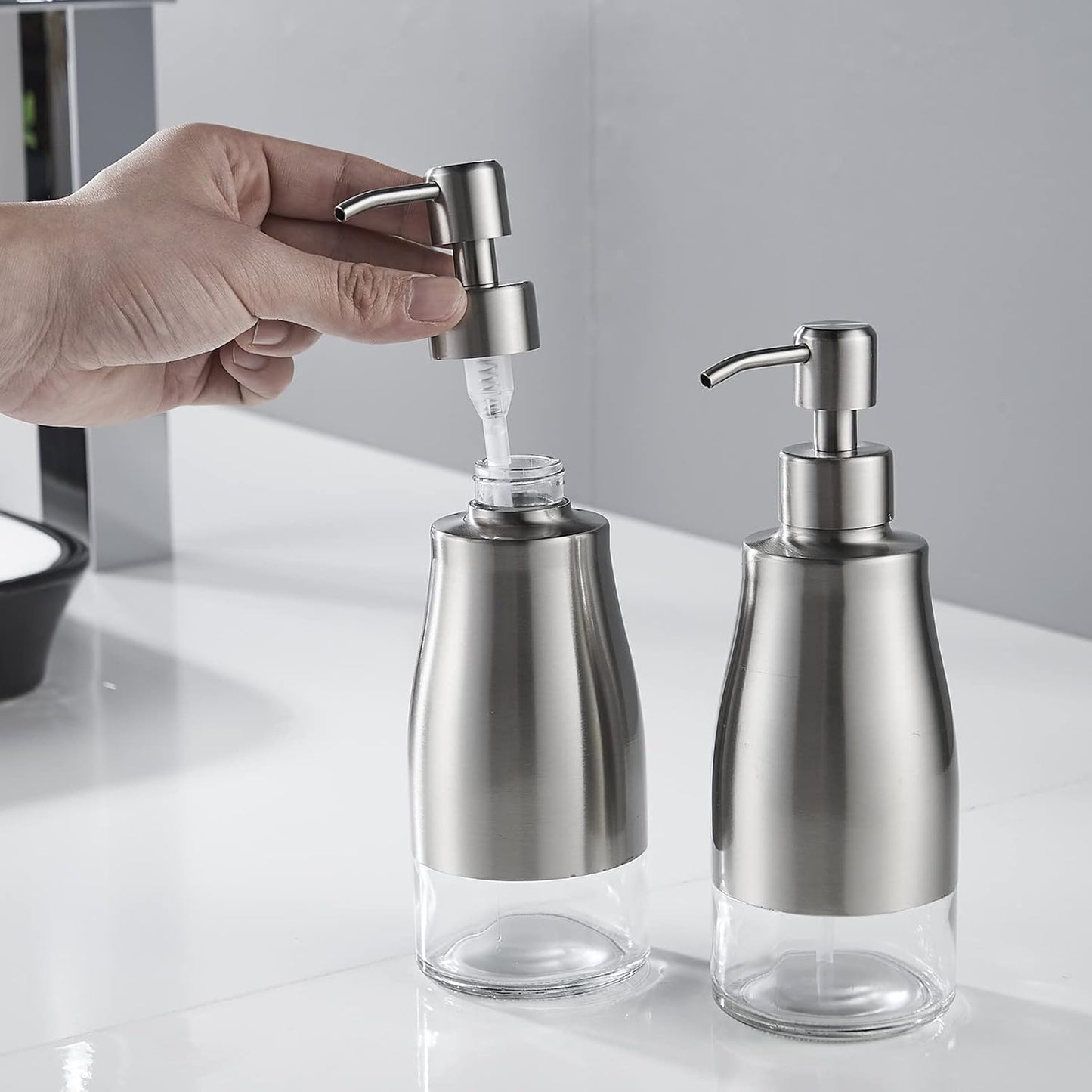 Gaussra 2 Pack Soap Dispenser with Coaster and Stickers - 11 OZ / 320 ML | Stainless Steel Case Glass Liner Hand Pump