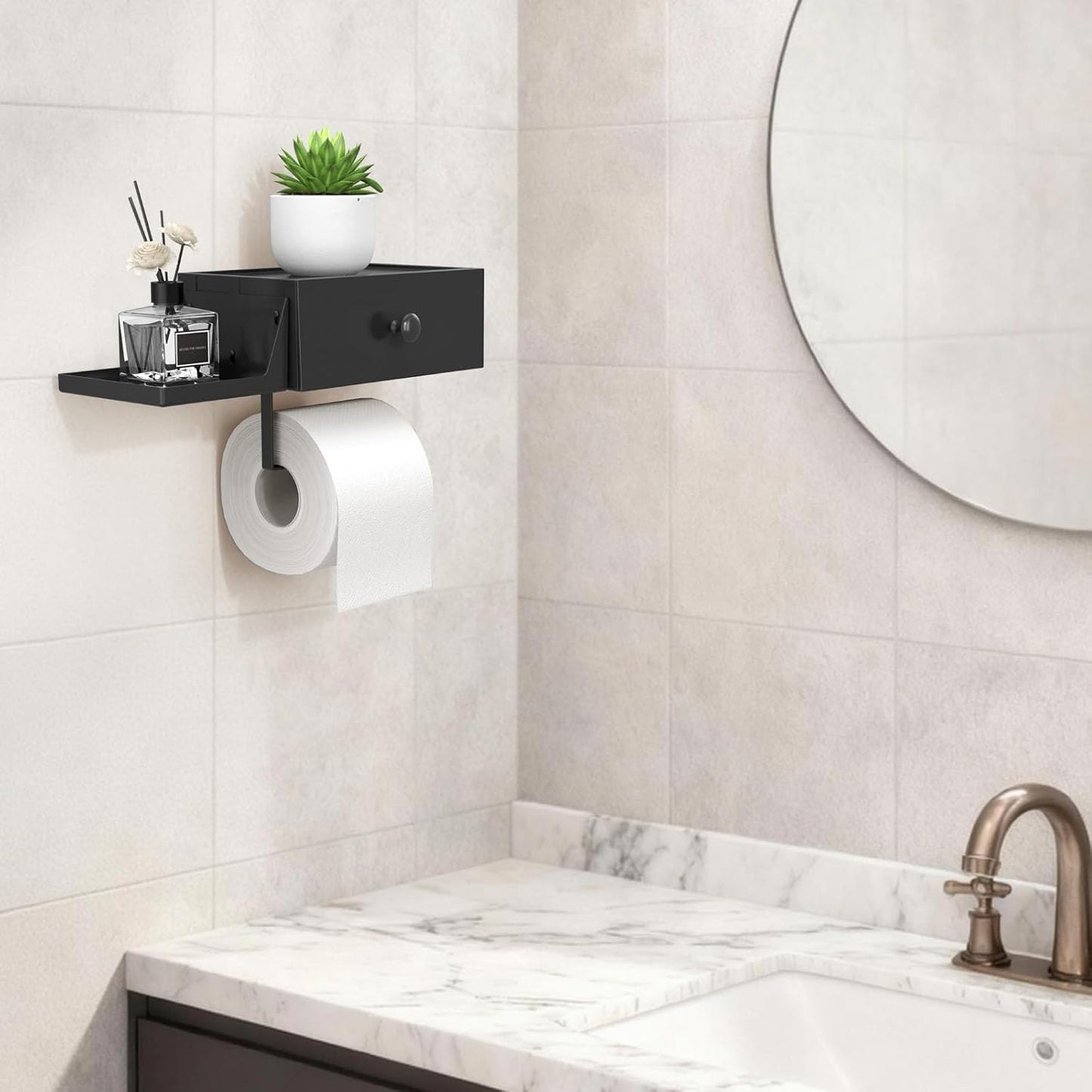 Lifewit Toilet Paper Holder Wall Mount with Shelf & Drawer, Black, 2 Pack | Screw or adhesive installation, sturdy
