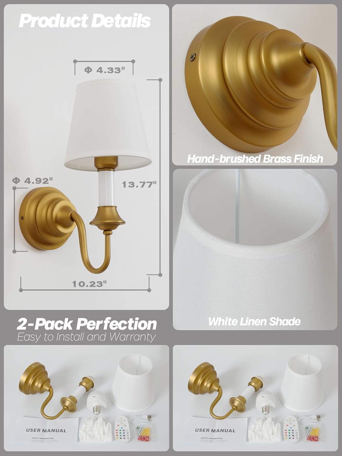 Battery Operated Wall Sconces Set of 2,Vintage Brass Gold Fabric Sconce Light with Linen Cloth Shade Dimmable