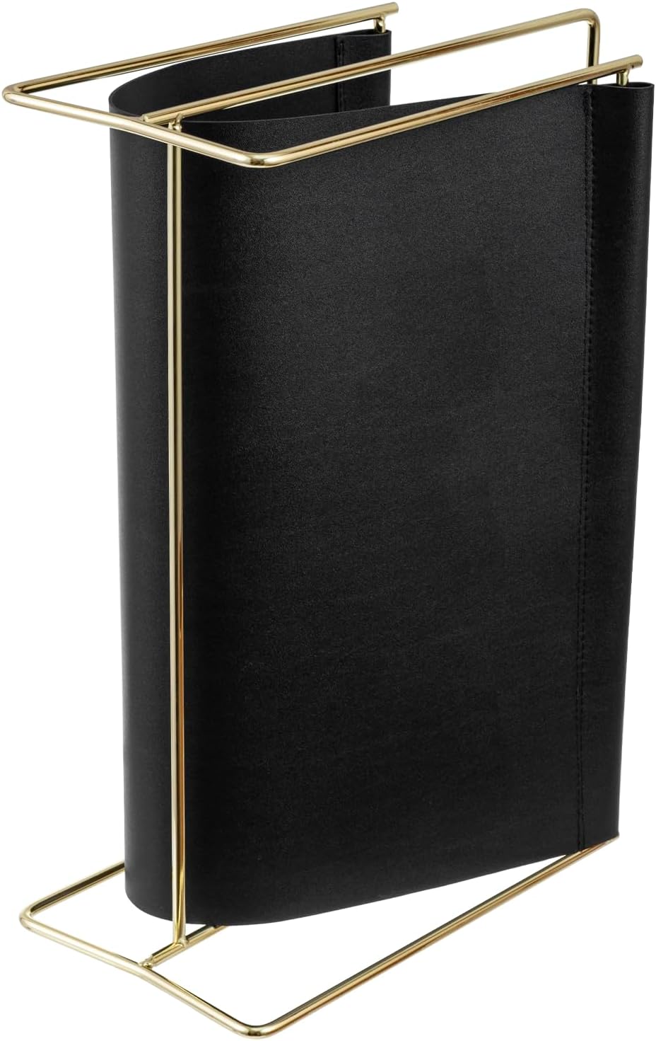 MyGift 15-Inch Modern Black Leatherette & Brass Plated Metal Magazine Holder – Floor Standing Faux Leather Sling Style