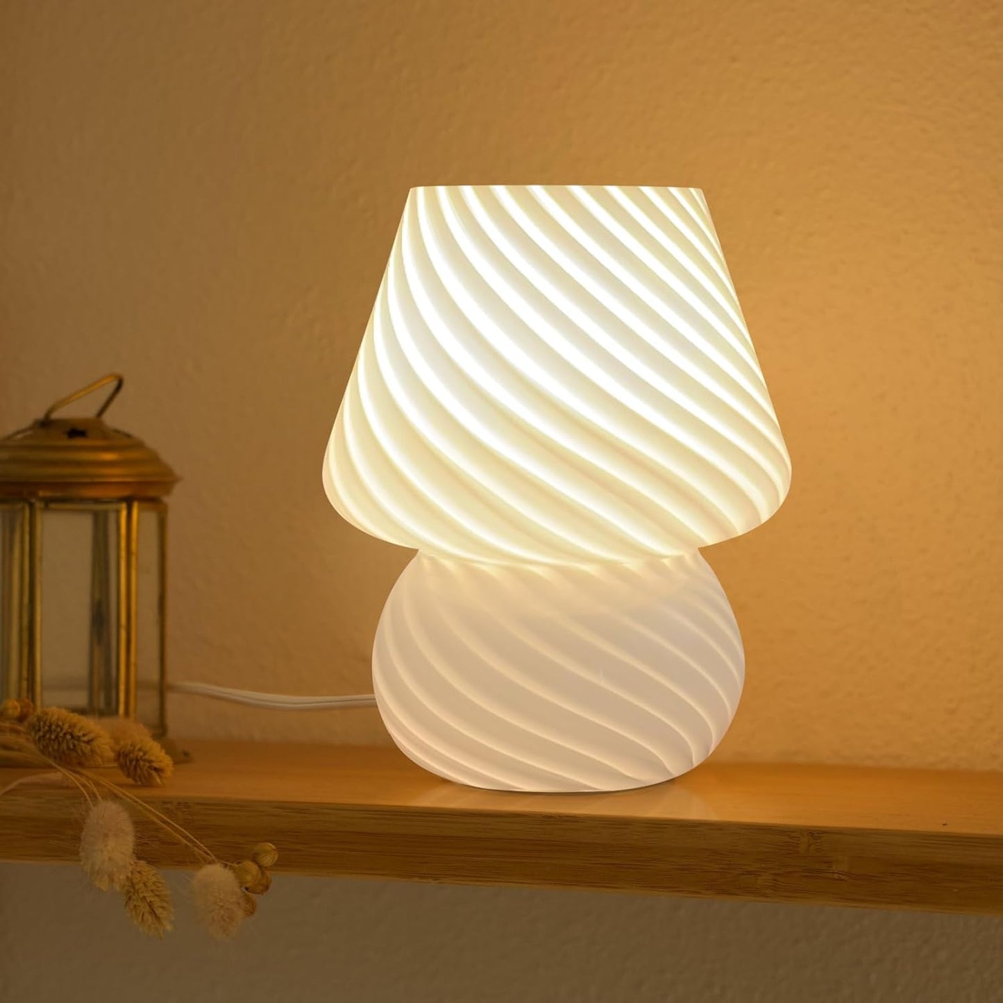 ONEWISH Mushroom Lamp-Small Bedside Table Lamp with Striped Glass, Nightstand Lamp for Bedroom, Living Room, 3000K E26