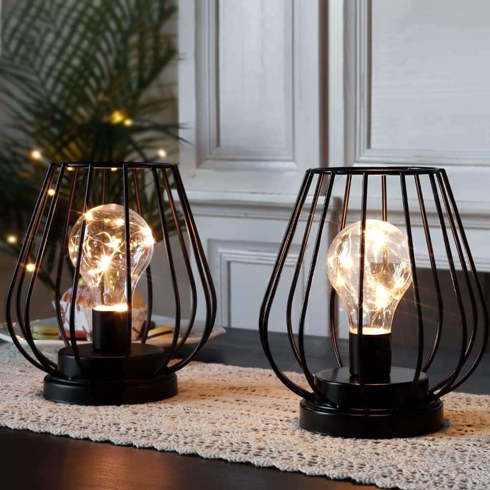 TRIROCKS Set of 4 Metal Battery Operated Lamp 7'' Tall mini Cage Shape Cordless Table Lamp Battery Lanterns with Warm