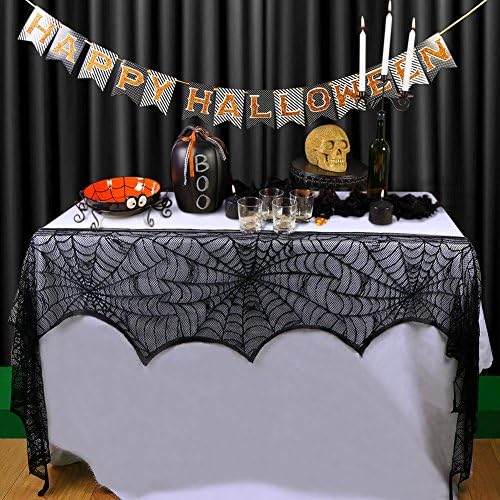 OurWarm Halloween Mantle Scarf, Lace Black Spider Web Fireplace Cover Decor