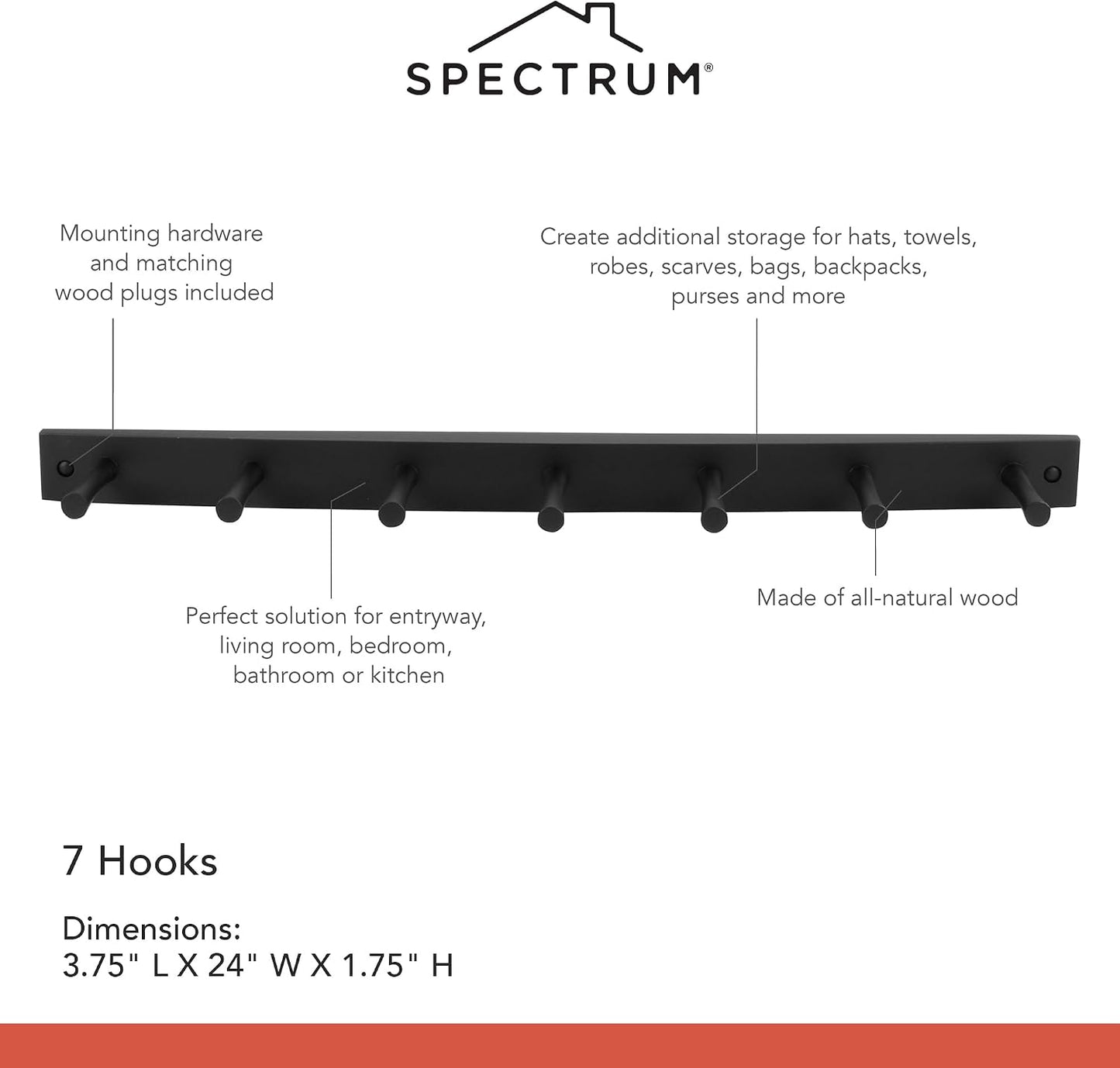 Spectrum Diversified Wood Hook Rack, 7 Peg, Black