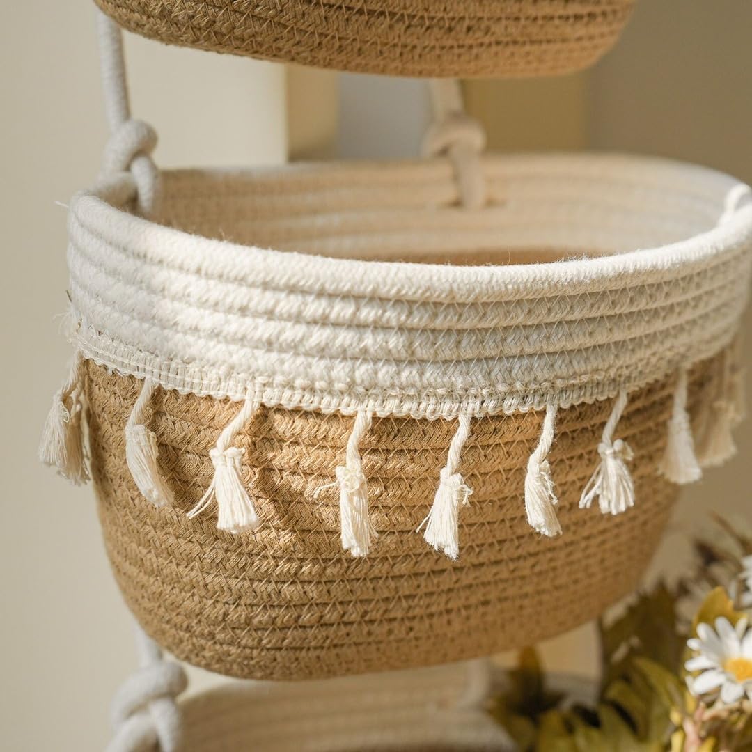 3-Tier Cotton Rope Baskets / Jute+white / 3 Tier+tassels