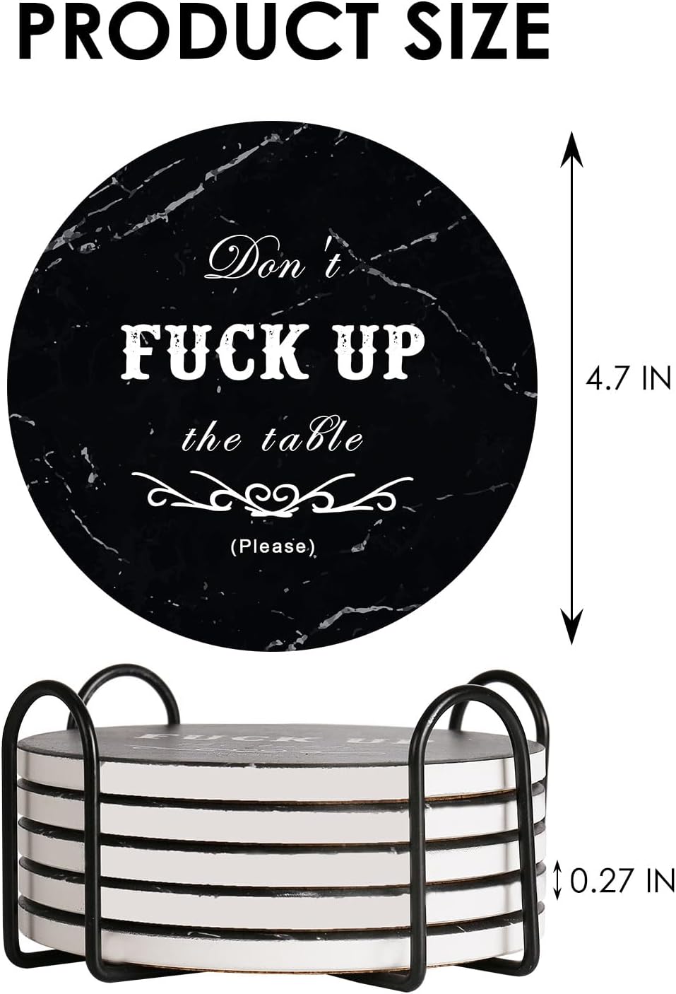 Holder / Rustic Marble Coasters / Round-black, 6 / Set of 6
