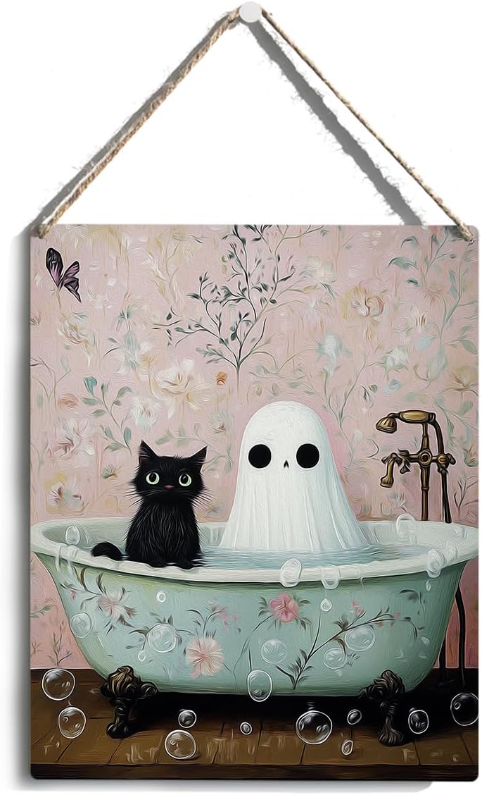Funny Halloween Bathroom Decor, Cute Halloween Decorations Indoor, Spooky Halloween Wall Art Wooden Hanging Sign, Ghost Black Cat Farmhouse Wood Block Plaque Sign Decor for Home Toilet Bathroom