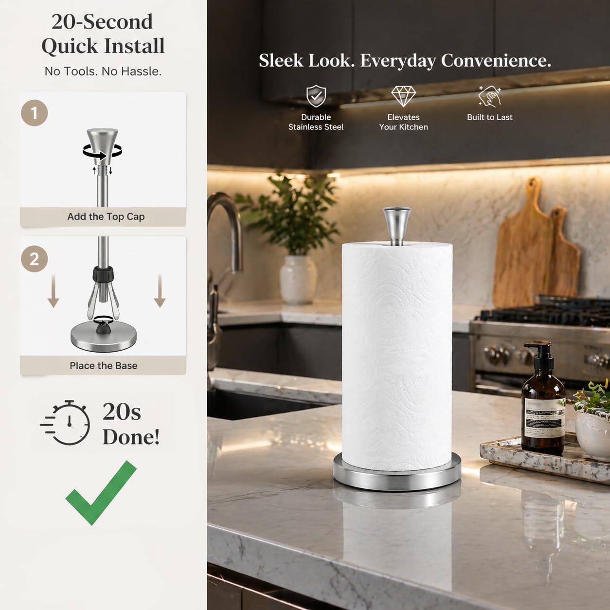 Paper Towel Holder Countertop with Suction Cups - Heavy Duty (2.9 lbs) Stainless Steel Paper Towel Dispenser, One-Hand