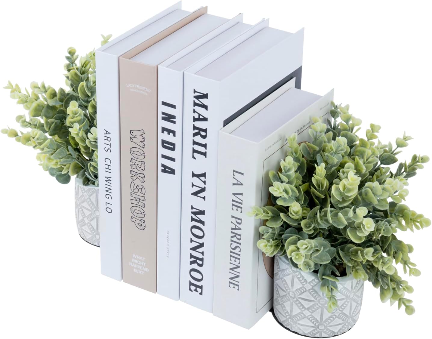 Plant Potted in Modern Geometric Embossed Concrete / Artificial Eucalyptus / Gray