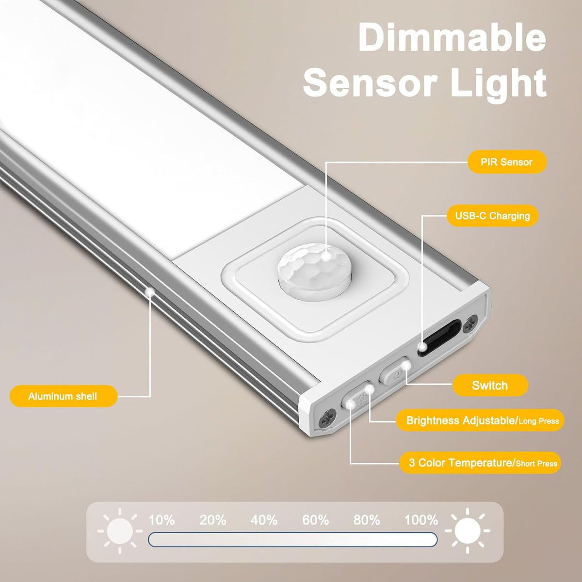 Onforu 13.8" Under Cabinet Lighting, 2700mAh USB-C Rechargeable, Motion Sensor Under Cabinet Lights with 3 Color &