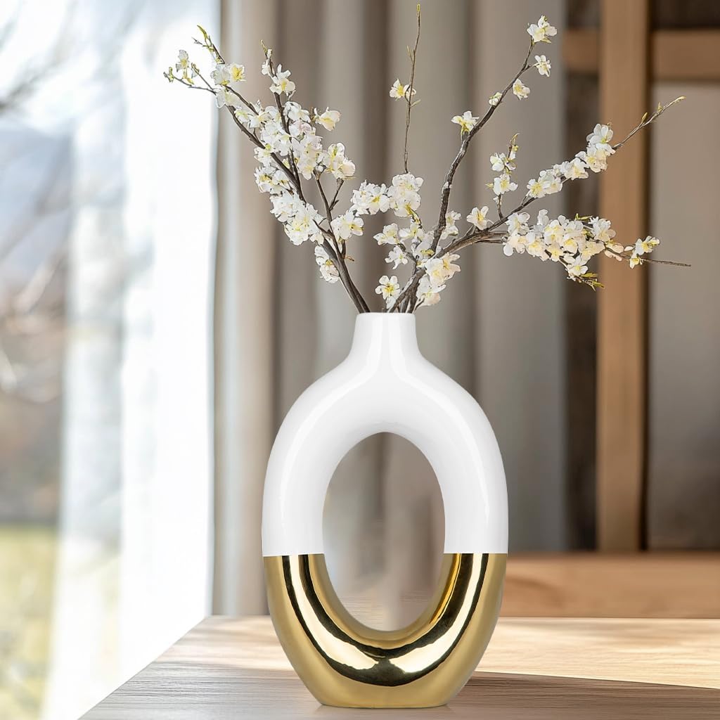 Gold and White Vase Donut Vase Ceramic Vase for Flowers Pampas Minimalist / Hollow / White+gold #2
