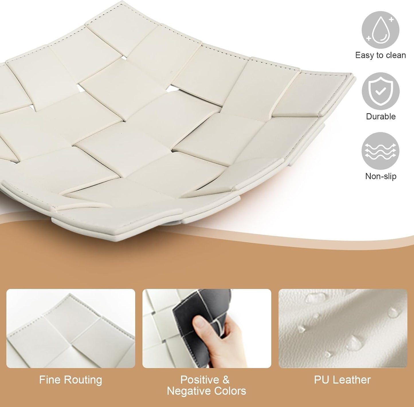 Valet Tray for Men and Women PU Leather Key Holder Bowl for Entryway Table Bedside / White