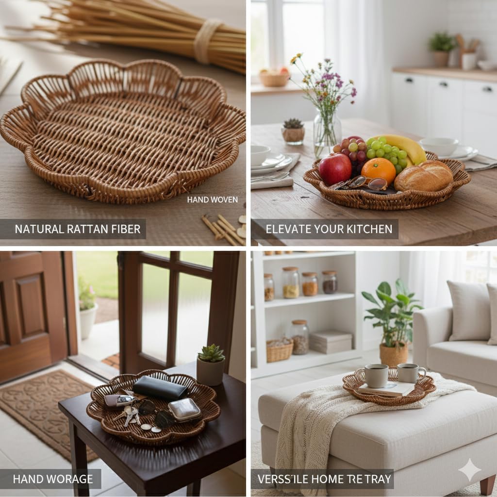 Rattan Flower Shaped Storage Bowl 11" Hand Woven Basket Tray for Bread Fruit Key Round / Natural