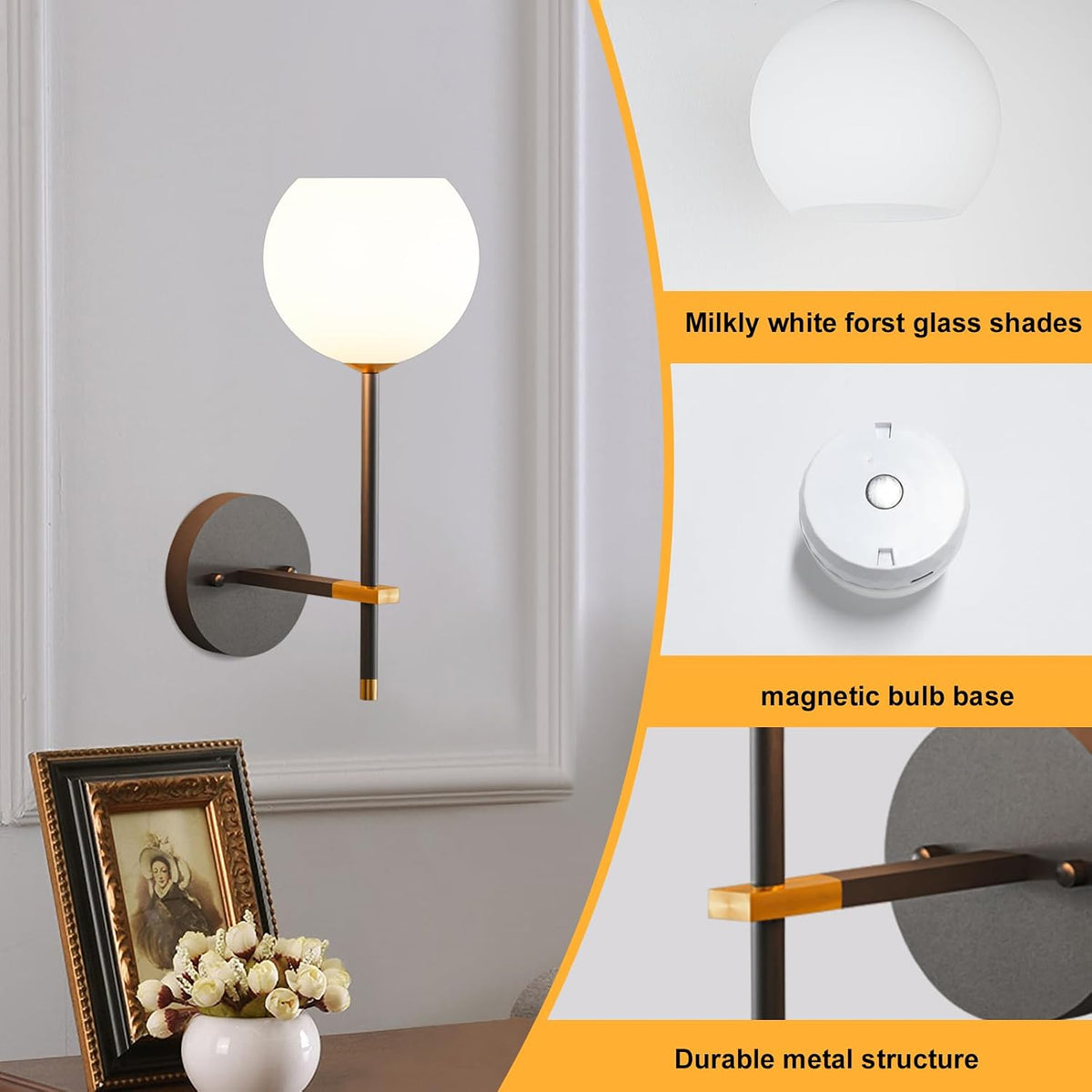 Black Gold Battery Operated Wall Sconces Set of 2, Rechargeable Wireless Wall Lights with Milky White Frosted Glass, 12