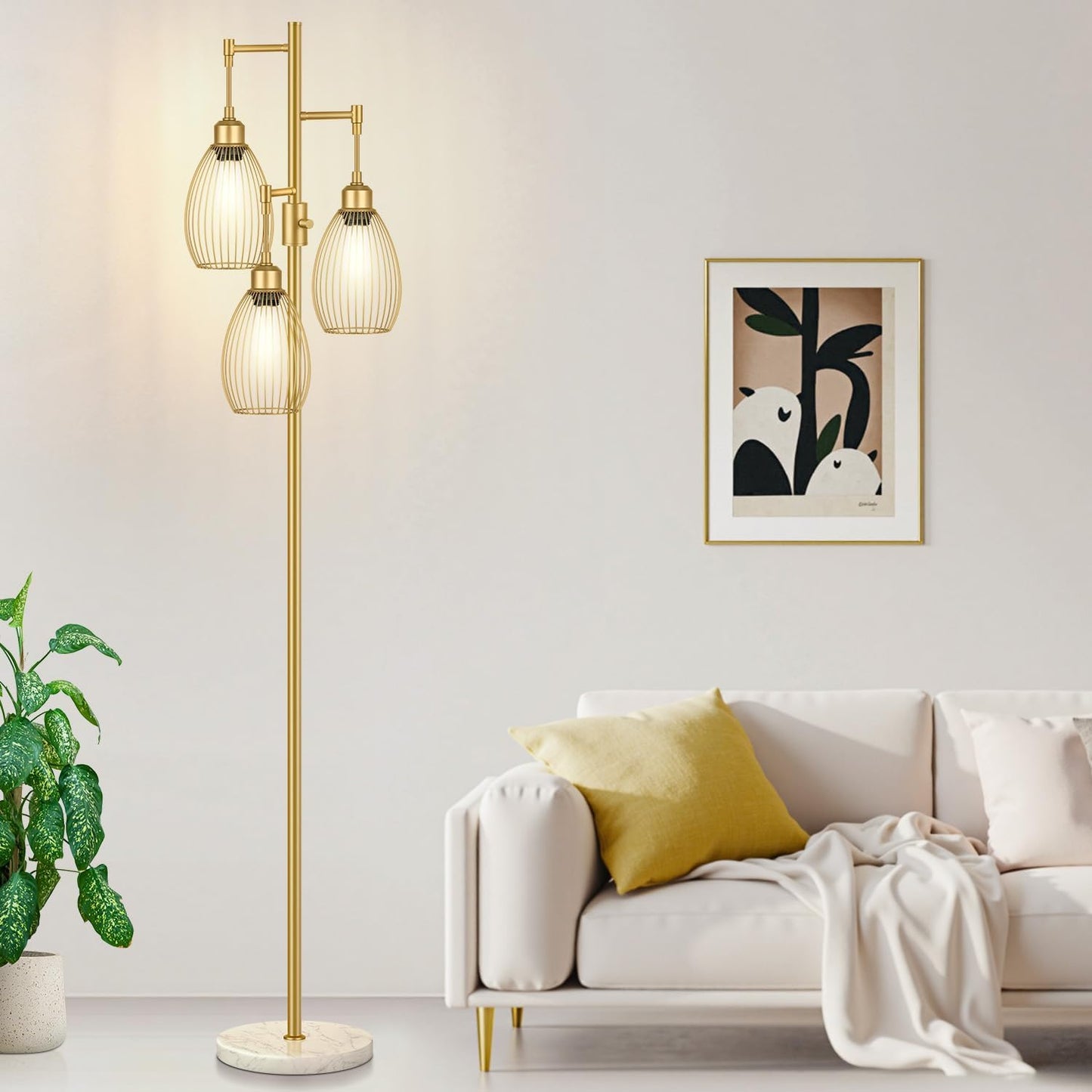 Dimmable Floor Lamp,3x800LM LED Bulbs Included, Farmhouse Industrial Floor Lamp Standing Tree Lamp with Teardrop Cage