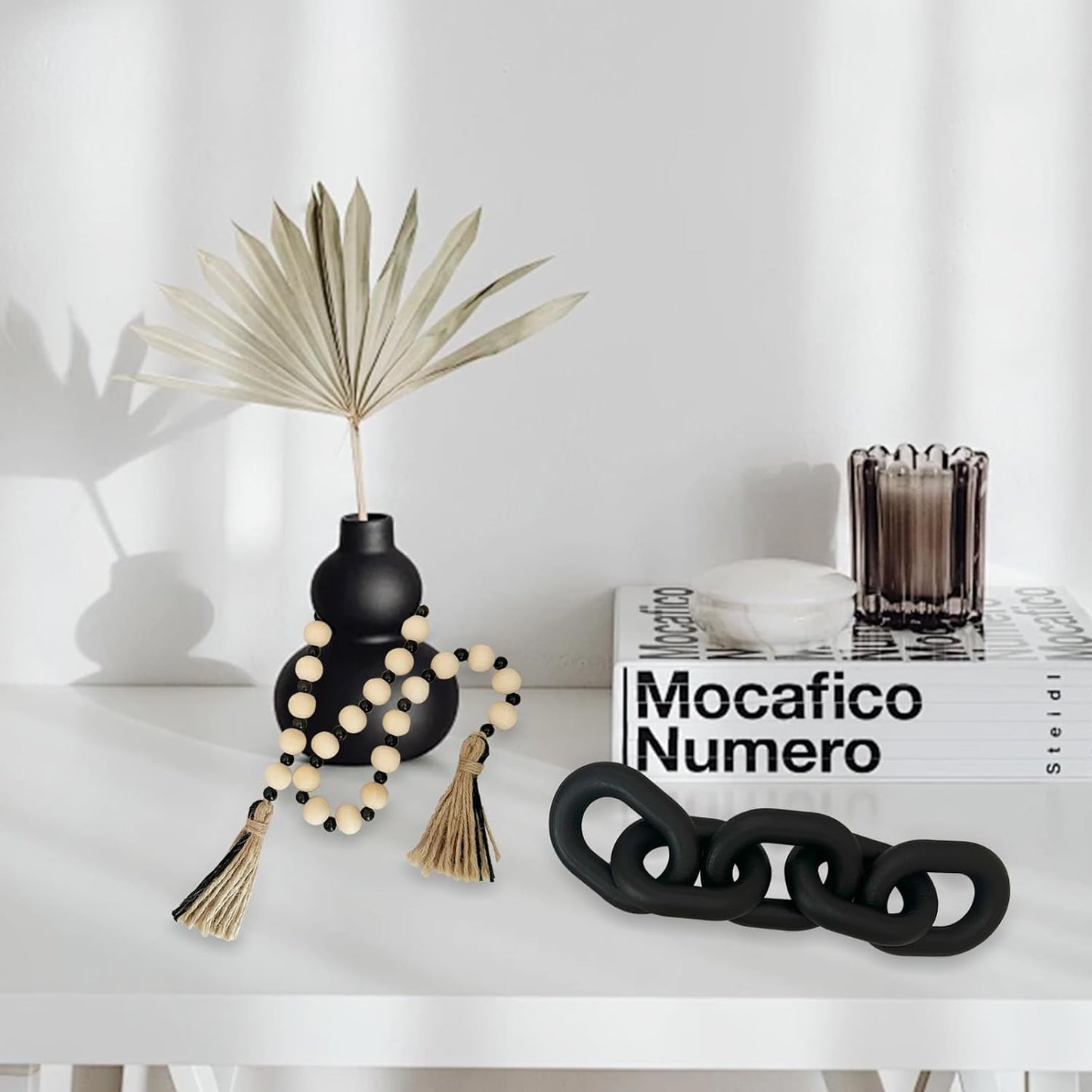 Decorative 5 Link Wooden Chain Decor and Bead Boho Farmhouse Rustic Home Table / Black / Set of 2