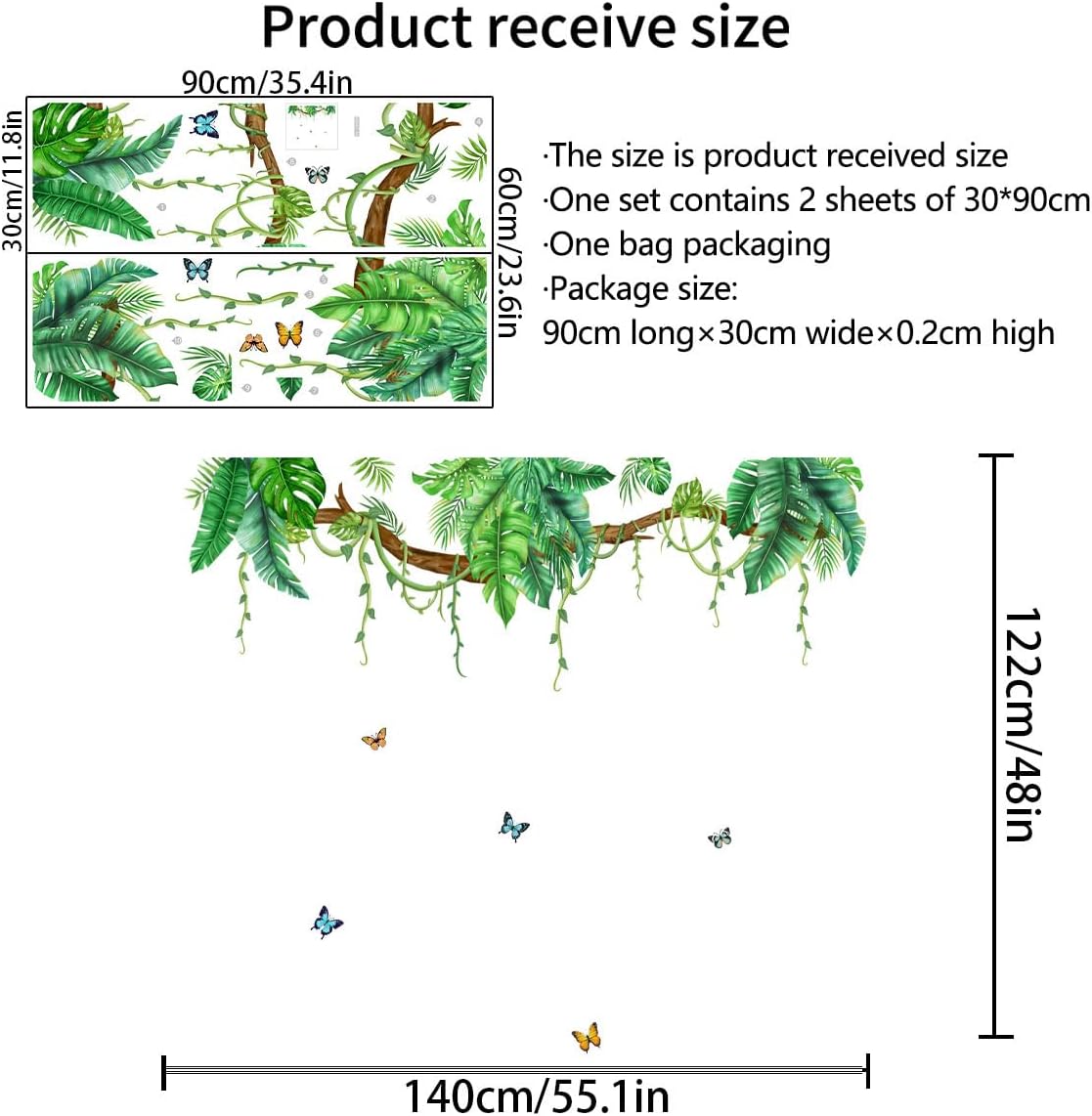 Jungle Wall Decals Tropical Wall Decor Stickers Hanging Vines Palm Leaves Murals Peel / Green