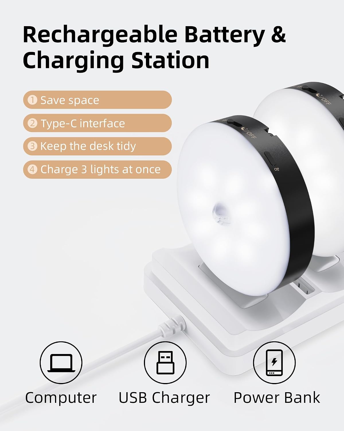 EZVALO RGB Puck Lights with Charging Station, Motion Sensor Cabinet Lights | Matte Black, 6-Pack with Remote