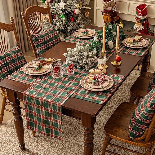Softalker Christmas Checkered Tartan Table Runner, Green, 13 x 36 Inch
