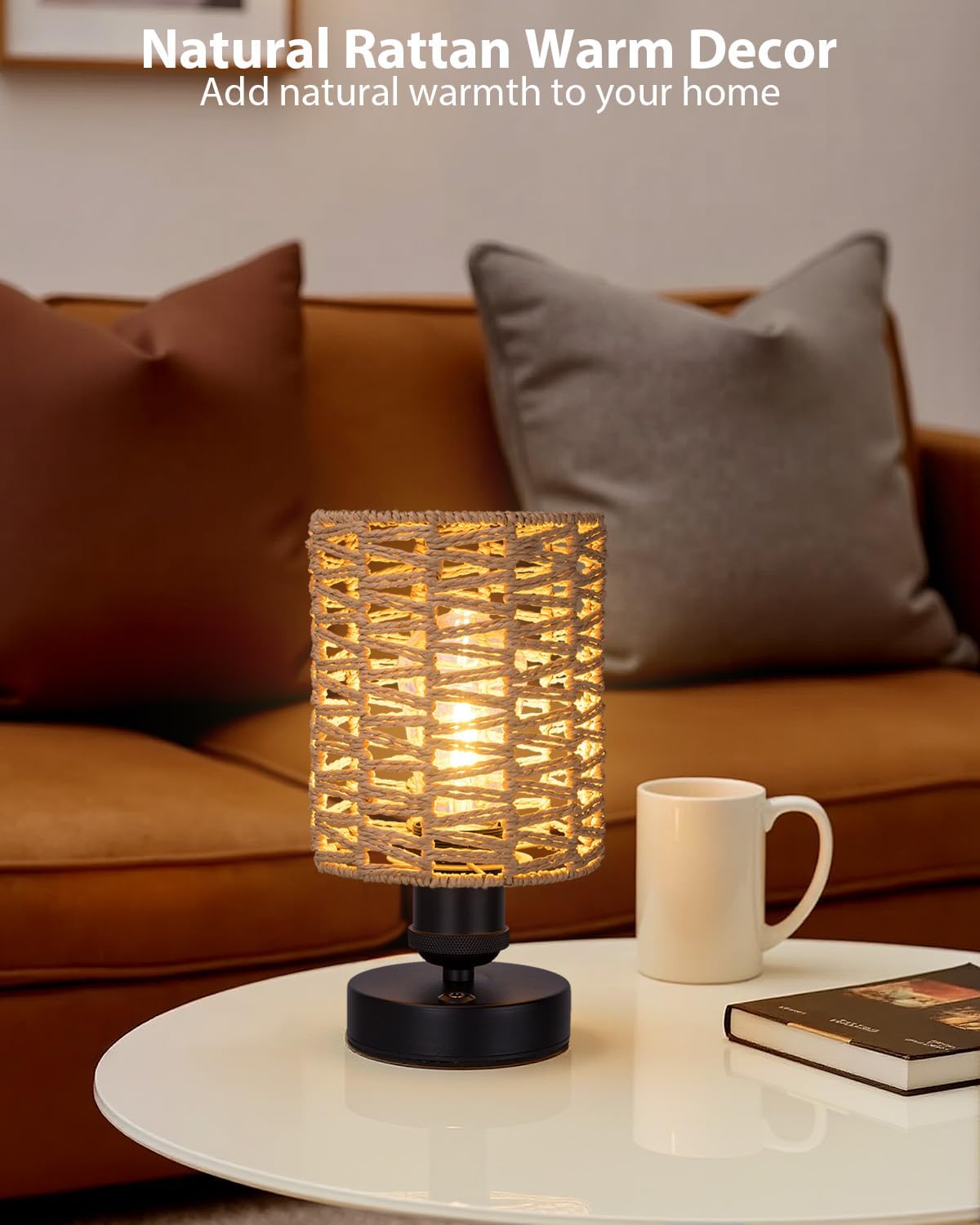 Cordless Outdoor Table Lamps, Small Rattan Boho, Rechargeable Battery Operated for Outdoor Patio, Home, Living Room