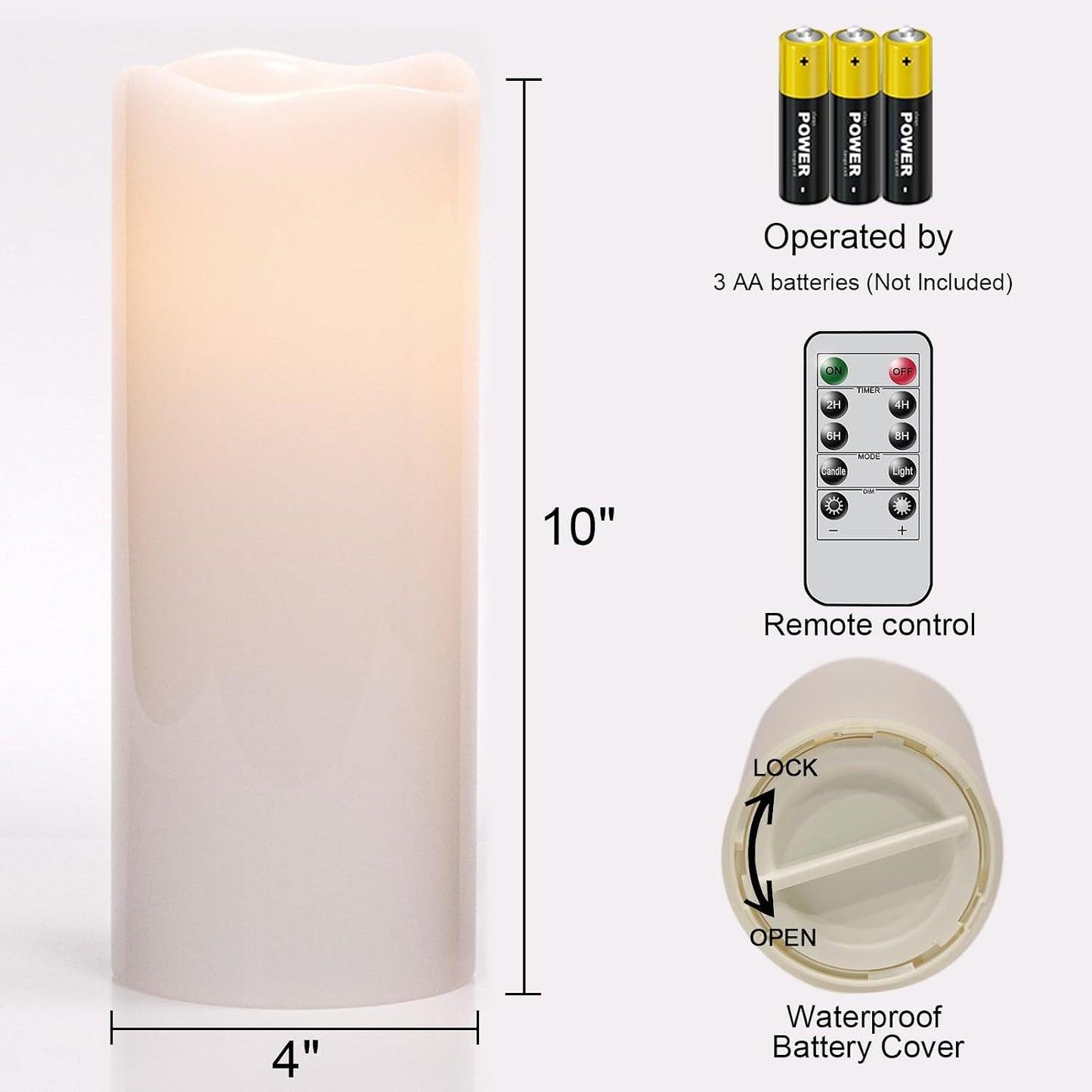 GenSwin Outdoor Flameless Led Candles Battery Operated Remote, 4 x 10 in | Waterproof, IP 65, Large Pillar Candles