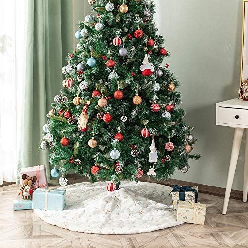 Christmas Tree Skirt 58 inches White Faux Fur Gold Snowflake Sequin Embroidered Luxury Tree Skirt Xmas Decoration