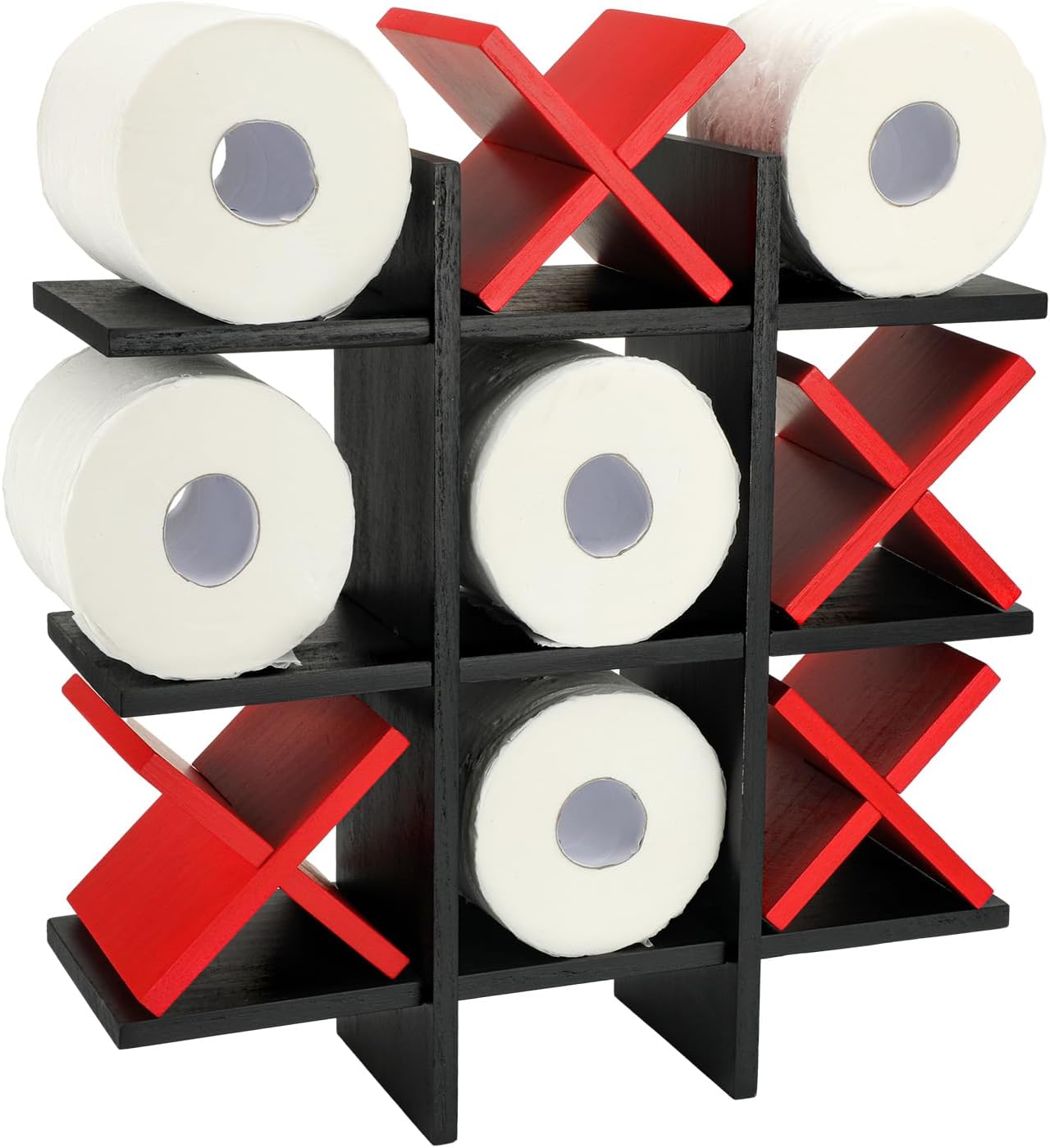 Weysat Tic Tac Toe Toilet Paper Holder,Black, Red | Farmhouse Bathroom Decor, Freestanding or Wall Mount Storage for