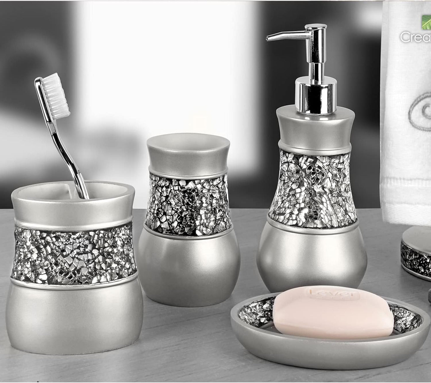 Creative Scents 4 Pc. Resin Bathroom Accessory Set | Silver Crackled Glass | Includes Soap Dispenser, Toothbrush