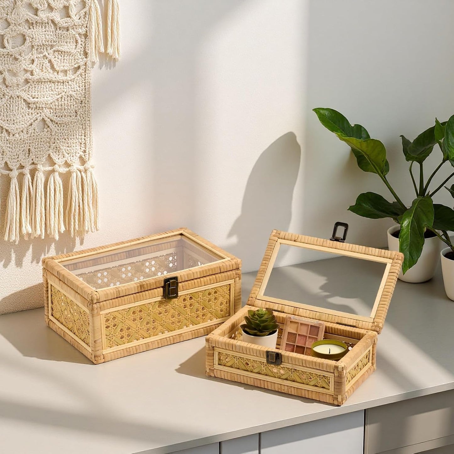 Clear Glass Lid Wooden Frame Handmade Boho Wicker Basket Woven Cane Bin Keepsake / Large / Natural