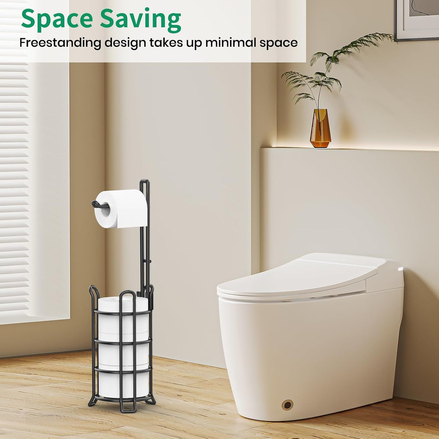 TomCare Toilet Paper Holder Stand Free Standing, Holds 4 Mega Rolls, Black | Tool-Free Assembly, Detachable Metal Wire