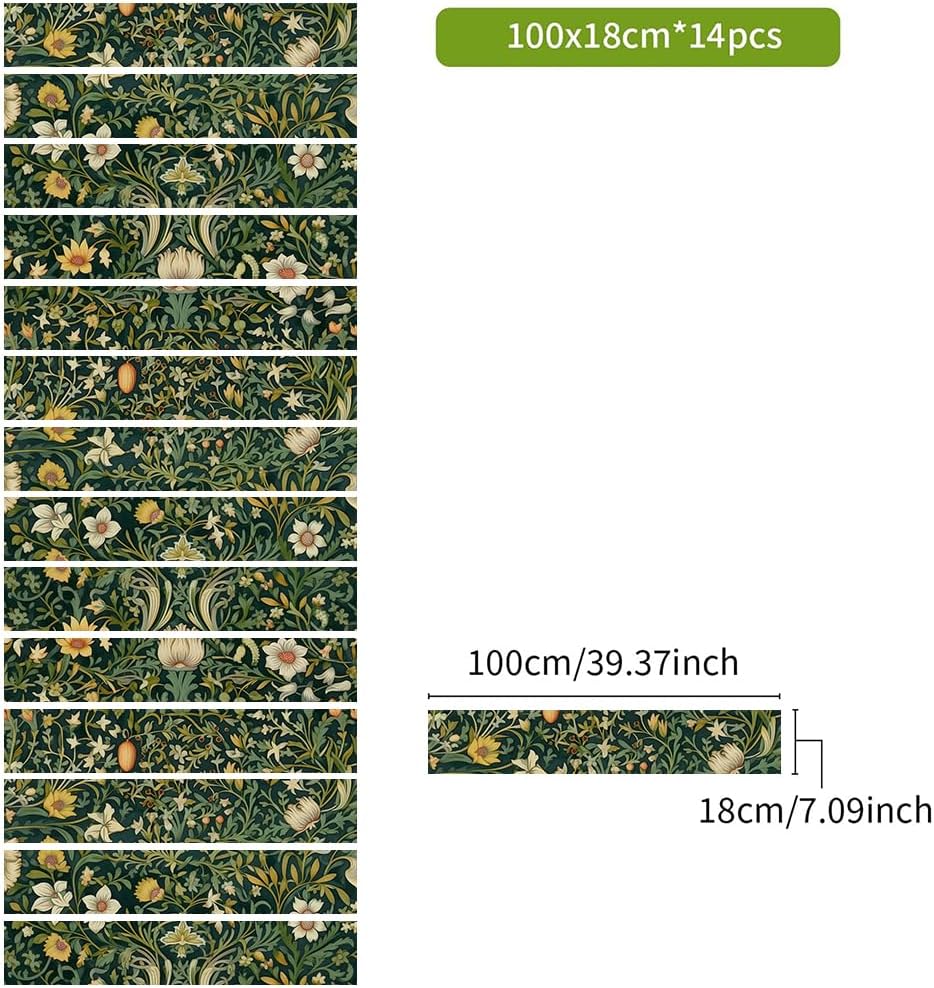 William Morrise Leaf Vine White Flowers Damask Vintage Peel and Stick Vinyl Stair / Stad-043 / Green