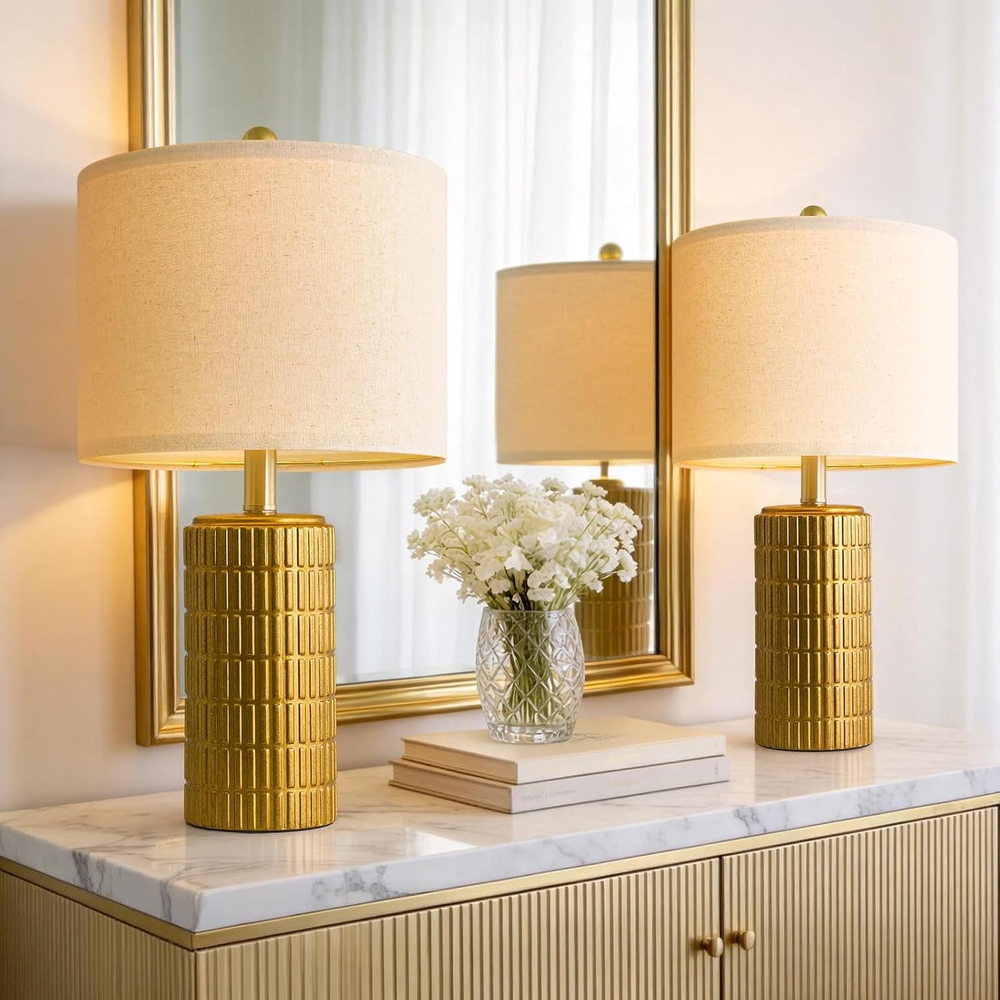PoKat 20.75" Brass Gold Ceramic Table Lamps Set of 2 for Living Room, Small Retro Bedside Lamps for Bedroom, Nightstand