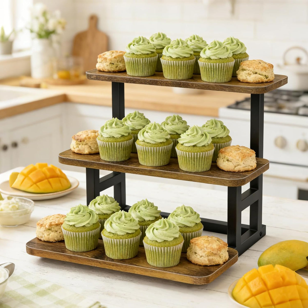 Lilybud--lily 3 Tier Cupcake Stand, Wooden Risers Display Stands Stepped Dessert Table Display Set with Metal Frame