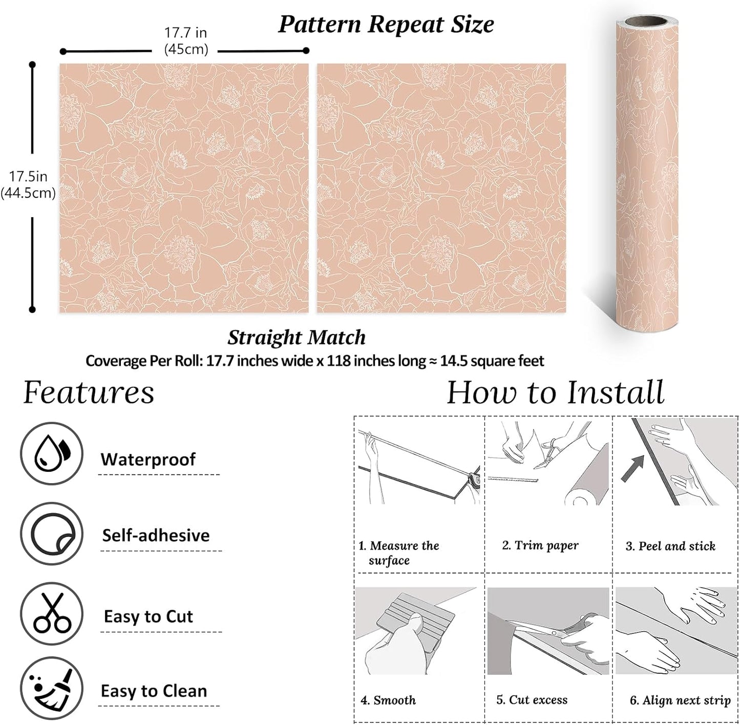 Sketch Floral Wallpaper Boho Vintage Peonies Floral Peel and Stick Wallpaper / 17.7 x 118 / Peach