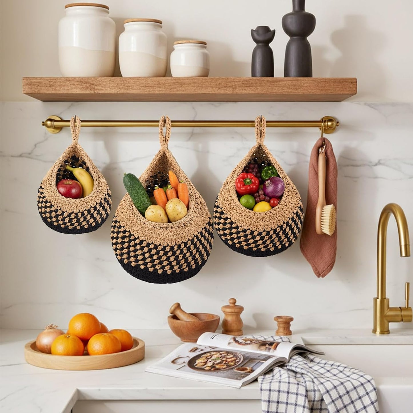 Boho Decor Hanging Wall Baskets / Linen with Black / Cotton Rope / Teardrop / Set of 3