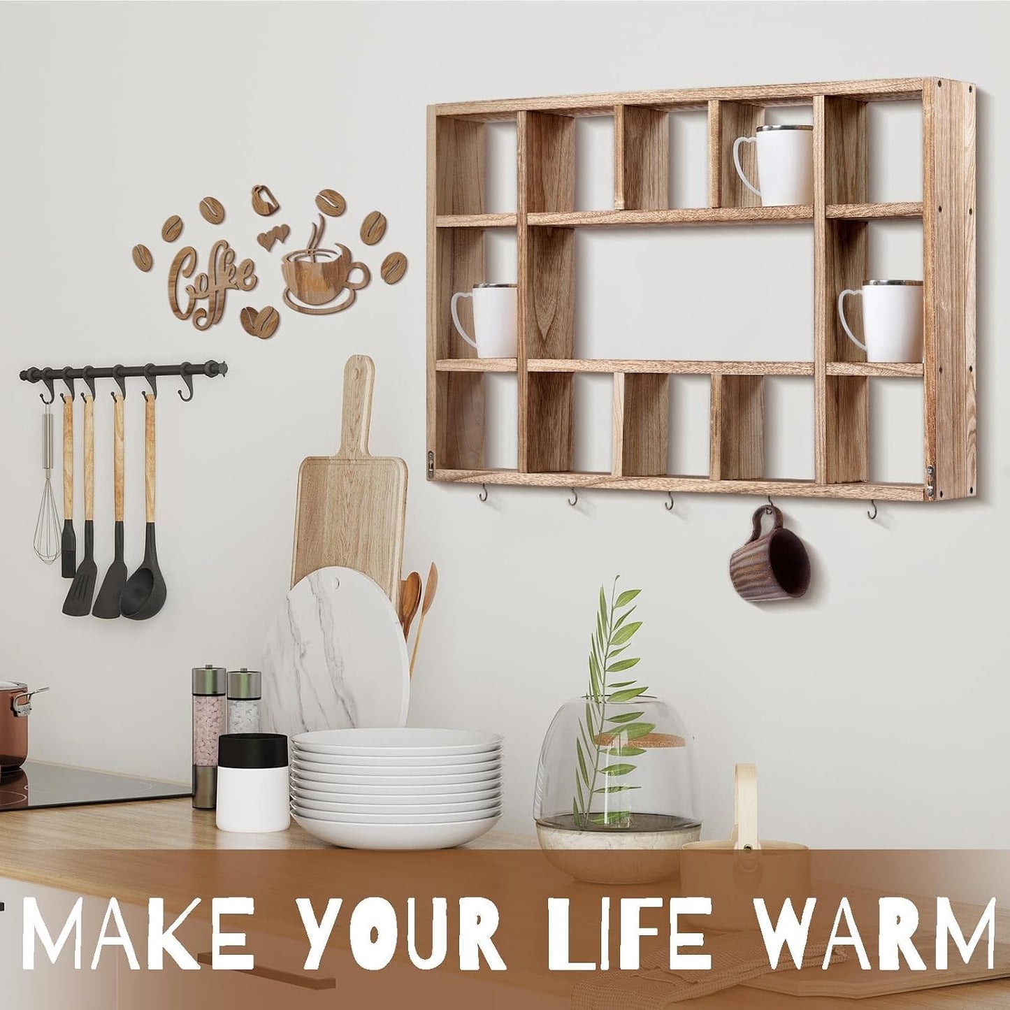 Cinnvoice Oversize Coffee Mug Display Shelf for Wall, Brown | Wood Coffee Mug Rack, Wall Mounted Shelf, Cubes Cup Hooks