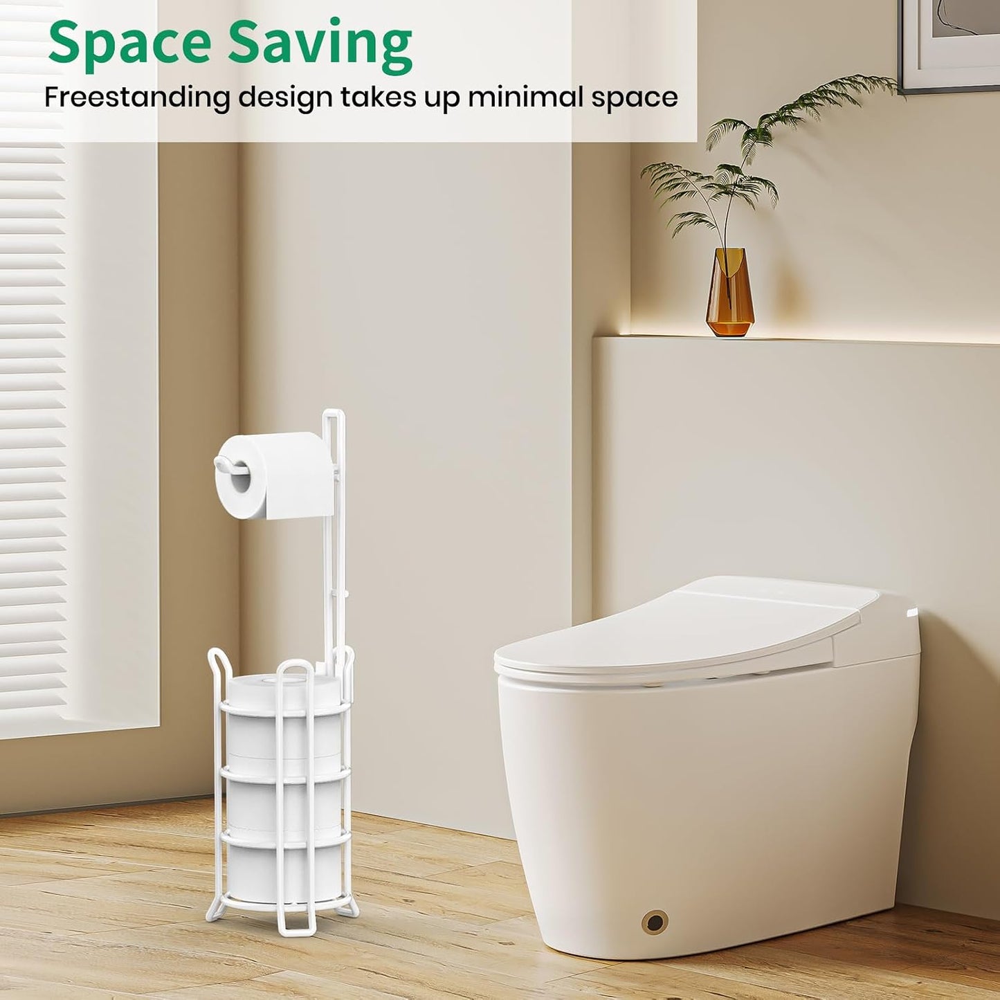 TomCare Toilet Paper Holder Stand Free Standing, Holds 4 Mega Rolls, White | Tool-Free Assembly, Detachable Metal Wire