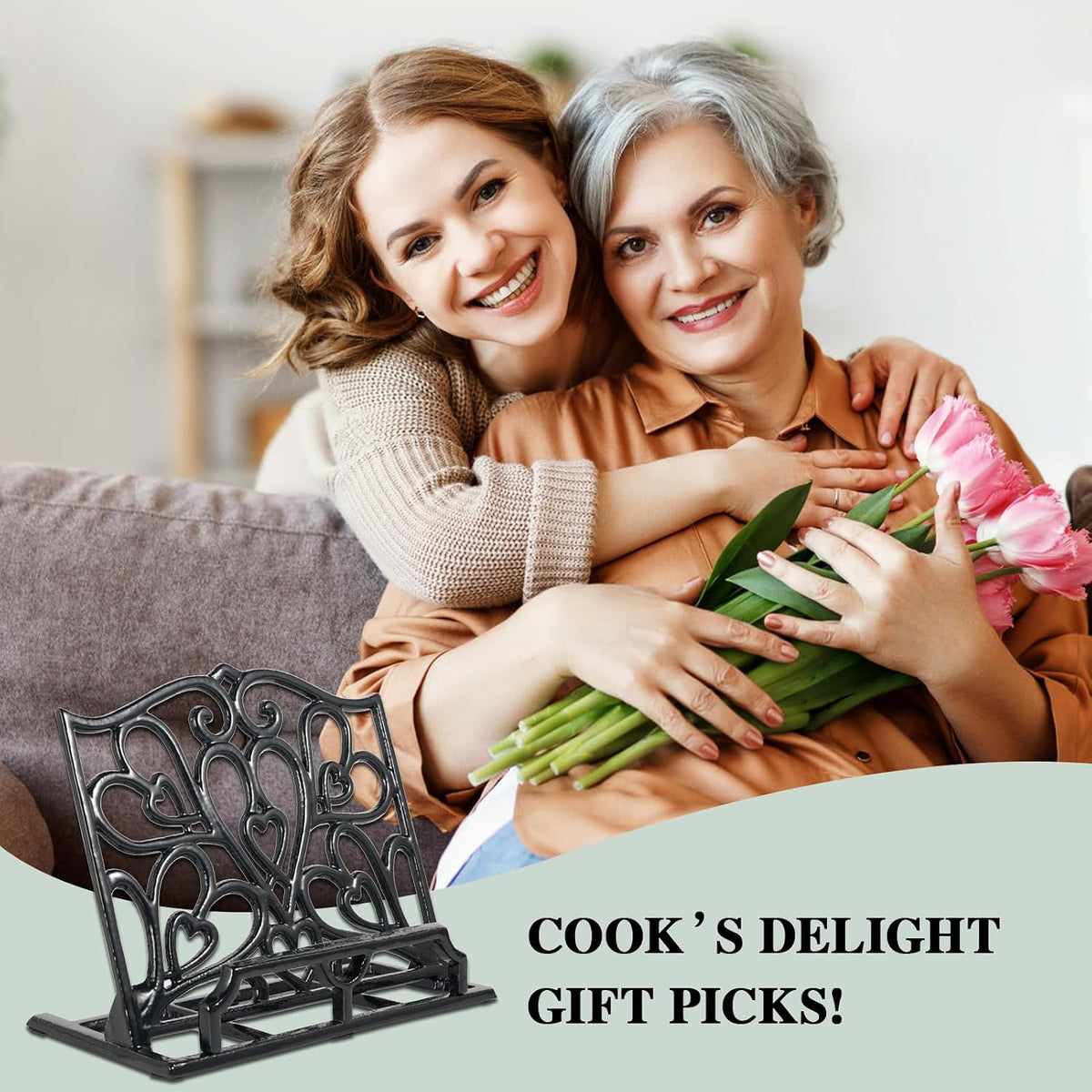 JOGREFUL Cast Iron Cookbook Stand, Kitchen Recipe Holder Love Heart Black | Heavy-Duty Book Vintage Holder, Reading