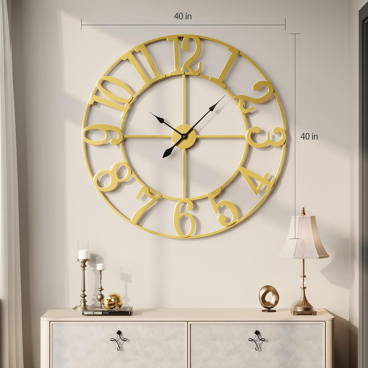 Cuspin 40 Inch Extra Large Gold Wall Clock, Decorative Metal Wall Clocks | Battery operated, silent non ticking, metal