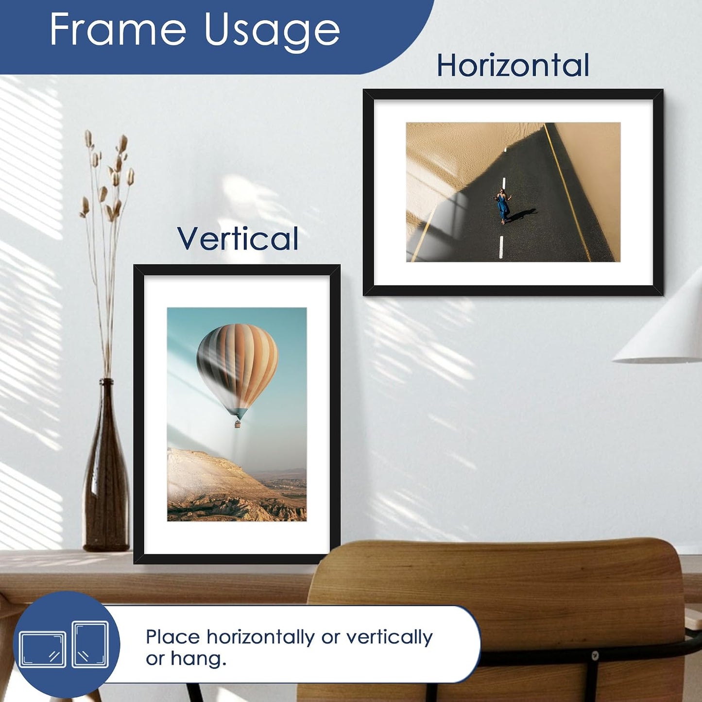 11x15 Picture Frame Set of 6, Wall Mount Display, Black | Display Pictures 8x12 with Mat or 11x15 without